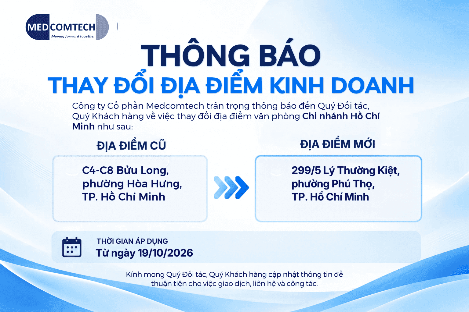 Thông báo thay đổi địa điểm văn phòng chi nhánh HCM
